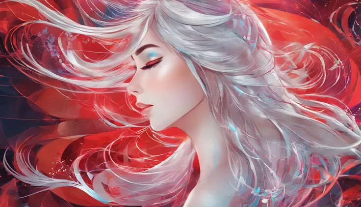 Silver-haired girl, Neon red lights cast side light on smooth long hair, Complex wave patterns, Detailed hairstyling design, vibrant, Shiny hair, Sparkling highlights, reflective surface, Cascade interlocking, Dynamic movements, Ethereal atmosphere, Smooth...