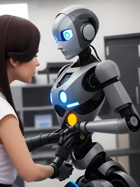 Make a realistic image of a female robot helping a person