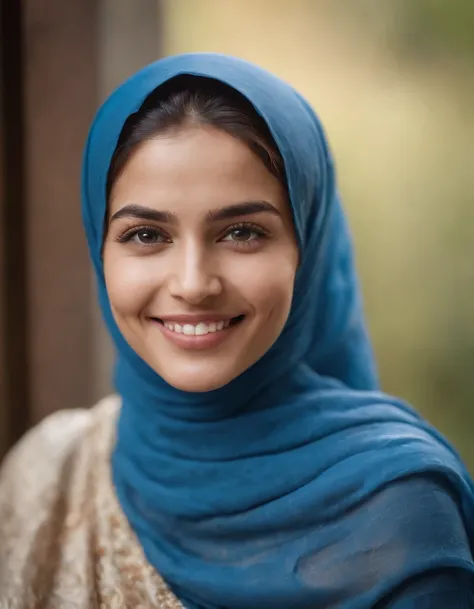 Muslim woman smiling, with map-like contour lines, vivid blue and ocher colors, 75mm f/1.4