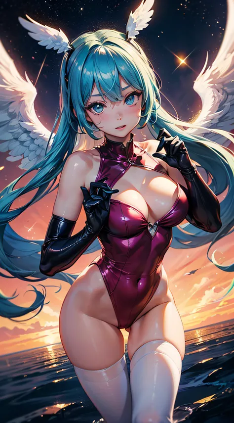 (((​masterpiece))), 1girl in, Hatsune Miku, Vocal Lead, super detailed, An ultra - realstic face, (Frivolous expression), (Pink leotard), Blue Gloves, pantyhose, ((Super cute face)), ((Angelic face)), ((Incredibly beautiful eyes)), (Bright eye), (full body...