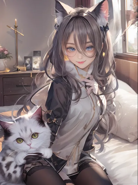 （tmasterpiece，best qualtiy）， 1 beutiful girl， Cat ears， ssmile， Slim body， （校服：1.1）， （Detailed beautiful eyes）， paw mittens， Bedrooms， inside in room，blackstockings