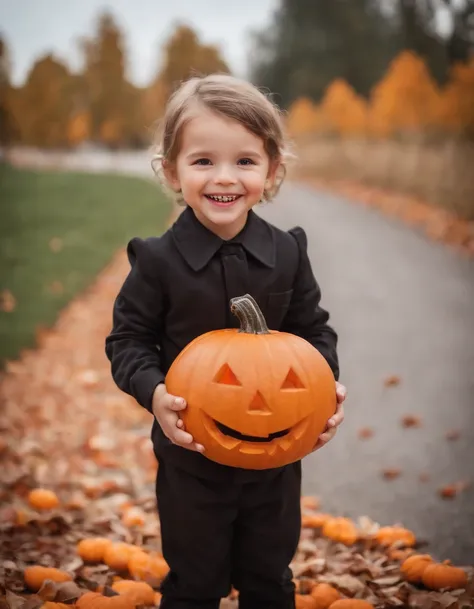 A cute child, happy, candy, Halloween, Halloween suit, jack-o-lantern placed on the ground, child smiling happily,75mm f/1.4