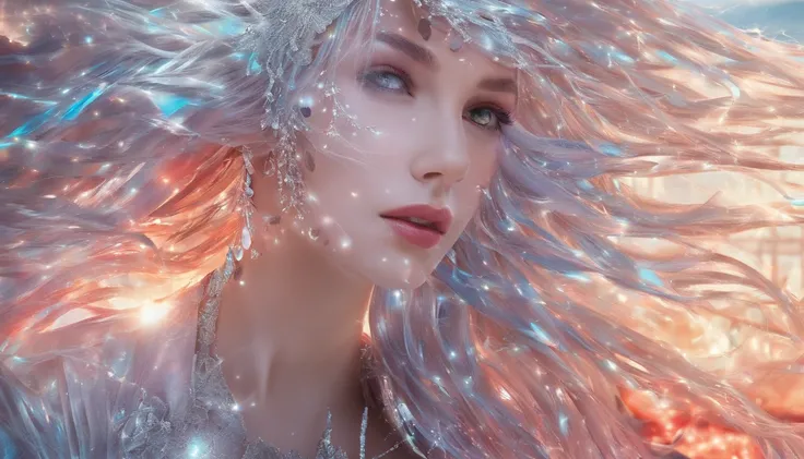 Silver-haired girl, Neon red lights cast side light on smooth long hair, Complex wave patterns, Detailed hairstyling design, vibrant, Shiny hair, Sparkling highlights, reflective surface, Cascade interlocking, Dynamic movements, Ethereal atmosphere, Smooth...