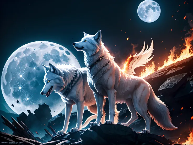 wolf claws, back to back, full moon, white wolf, claws split the sky, phoenix, spitting fire, burning battlefield background , cinema impression, 4k