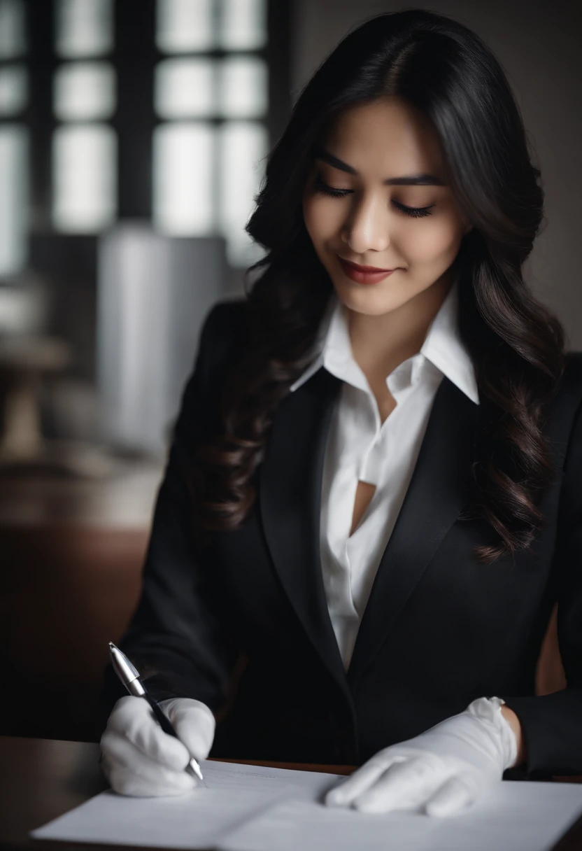 Wearing black leather gloves in both hands, upper body, black business suit, facing the desk in the modern study in the dark, looking down, smiling, writing a letter using a fountain pen, long, straight black hair, young and cute face Japanese female new e...