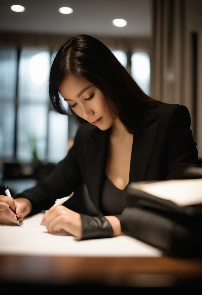 Wearing black leather gloves in both hands, upper body, black business suit, facing the desk in the modern study in the dark, looking down, smiling, writing a letter using a fountain pen, long, straight black hair, young and cute face Japanese female new e...