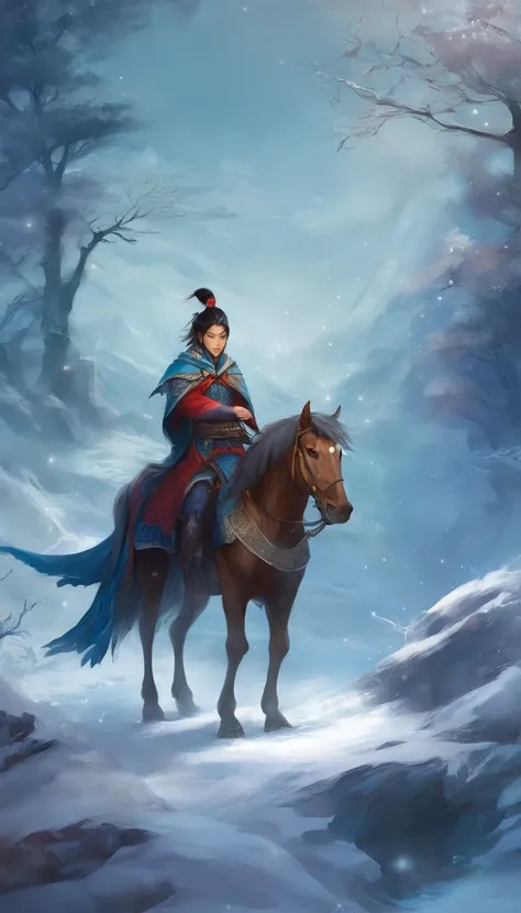 In the ice and snow，Standing an ancient Chinese boy wearing a blue robe，It was a handsome boy，Star-eyed swordsman，A broken carriage was parked beside him, which had broken down，Even the horses didnt know where to run。This time，It was snowing heavily！