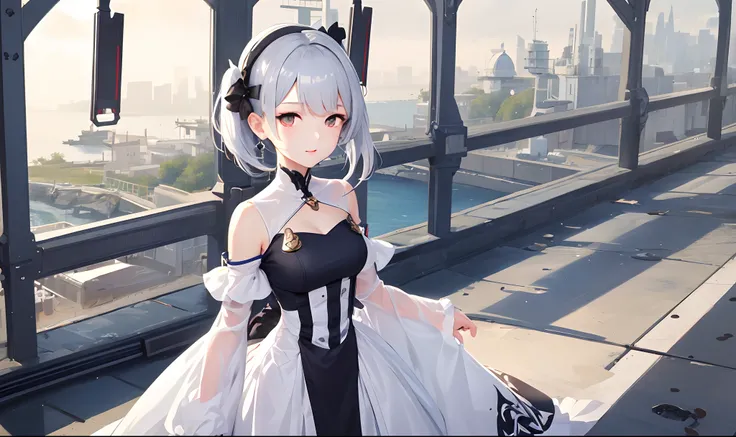 1girll, sankta. Luigi (azur lane), standing, Upper body, dress, Silver dress, (Clothing that exposes:1.3), scenery,, anirl, Best quality, 超高分辨率,