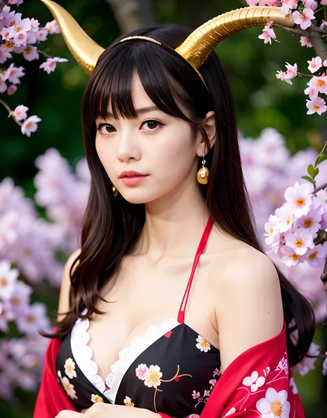 ((World of Darkness)),Professional , ​masterpiece、top-quality、photos realistic , depth of fields 、（Prostitute Sexy Pose）、(Background of cherry trees in full bloom),（Ultimate Beauty）、A dark-haired、（White bikini armor)、（Kimono with beautiful pattern）、（Night ...