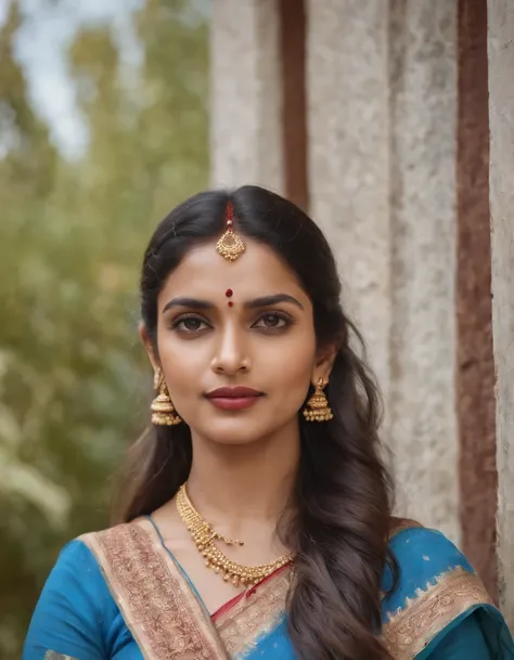 hindu woman in typical Indian dress, blue gate in the background, half-length shot, sunny day, high quality photo