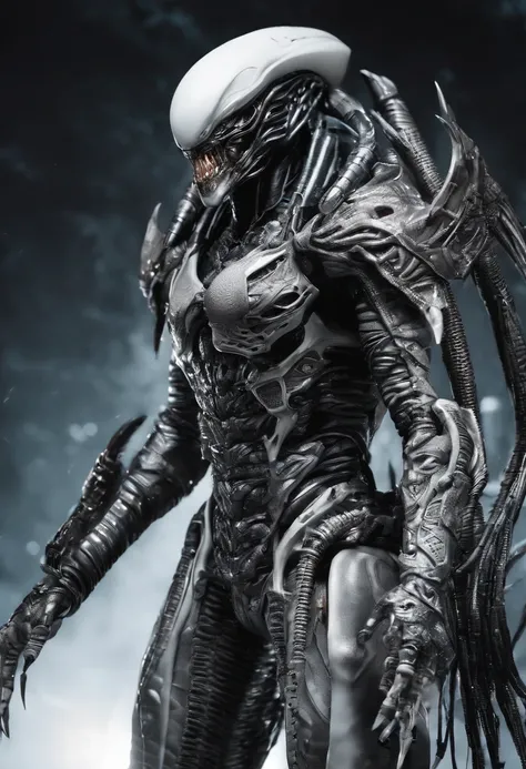 Alien Predator，full bodyesbian，Silver-white scaly armor，high - tech，Laser eye