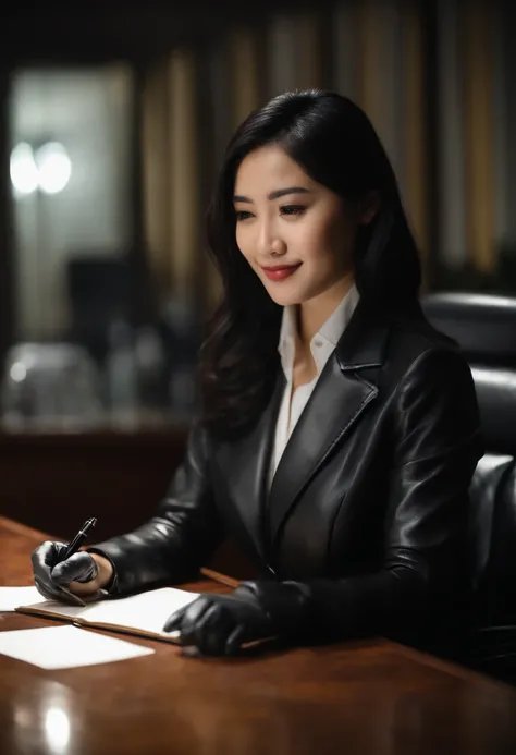 Wearing black leather gloves in both hands, upper body, black business suit, facing the desk in the modern study in the dark, looking down, smiling, writing a letter using a fountain pen, long, straight black hair, young and cute face Japanese female new e...