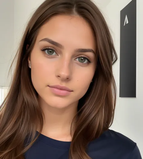 a photorealistic image of a woman with brown hair, ojos azules, and european characteristics, llevar una camiseta en v blanca si...