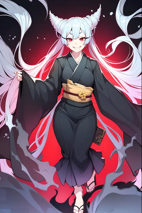 Urara ayashimon, silver hair, horns hair, red eyes, loli, black kimono, sharpteeth, smug, smile, full body, flipflops,medium breast