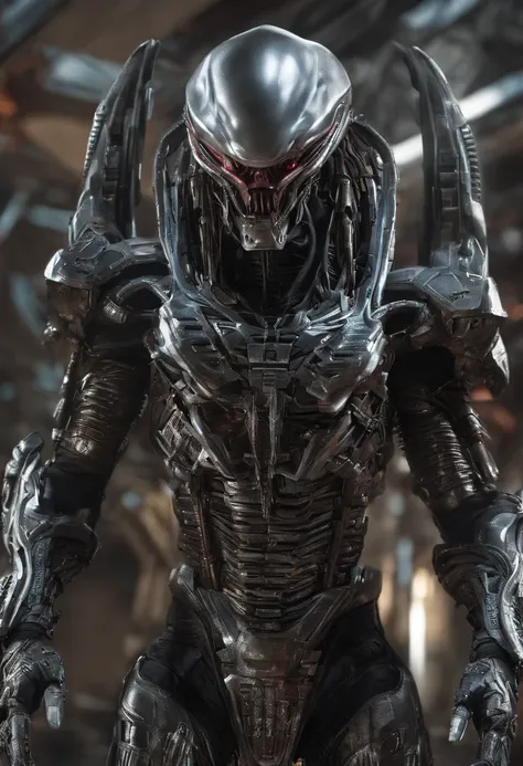 Predator，fully body photo，Mechanical armor，high - tech，exquisite detailing，Laser light