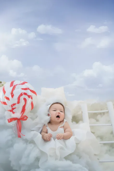 there is a baby sitting on a ladder in the clouds, lie on white clouds fairyland, sitting in a fluffy cloud, in the white clouds fairyland, in white clouds fairyland, in a cloud, girl clouds, standing on a cloud, running and falling on clouds, “puffy cloud...