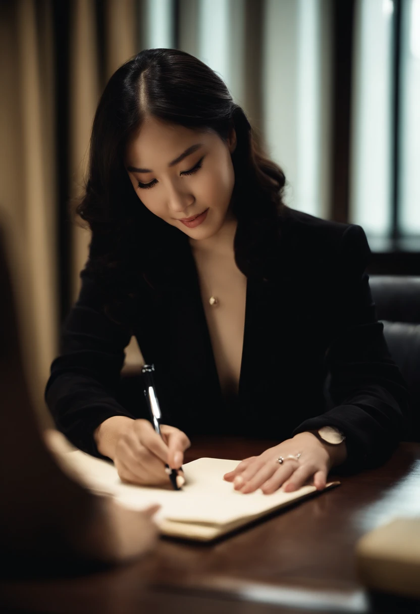 Wearing black leather gloves in both hands, upper body, black business suit, facing the desk in the modern study in the dark, looking down, smiling, writing a letter using a fountain pen, long, straight black hair, young and cute face Japanese female new e...