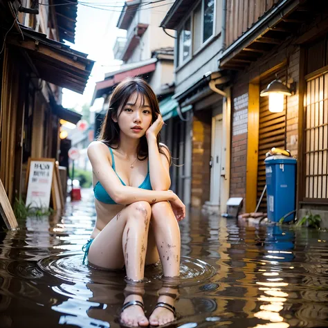 (8k, RAW photos, best quality, masterpieces, : 1.2), (realistic, photorealistic: 1.37), 17-year-old Japan girl with a sad face of homeless, delicate face, sad expression of despair, sitting and depressed, slums, garbage dumps, piles of garbage, (garbage: 1...