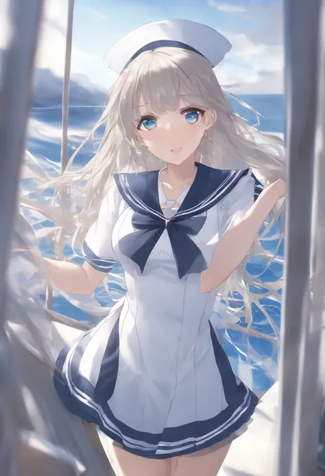 (See-through:1.3),white serafuku,Sailor dress, White theme,school uniform, Sailor suit, view the viewer,  insanity, Messy long hair, Beautiful detailed eyes,hair glowing,Dramatic angle,Blue sailor collar, lively breasts,Light smile,partial underwater shot....