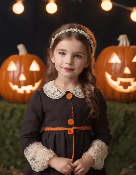 Little girl dressed in retro style with jack olantern behind her, background lights, bokeh style, half long shot, high quality photo,