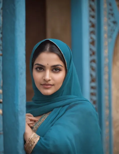 Muslim woman in typical Indian dress, blue gate in the background, half-length shot, sunny day, high quality photo,(medium shot)