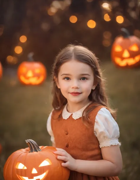 Little girl dressed in retro style with jack olantern behind her, background lights, bokeh style, half long shot, high quality photo,,(upper body)