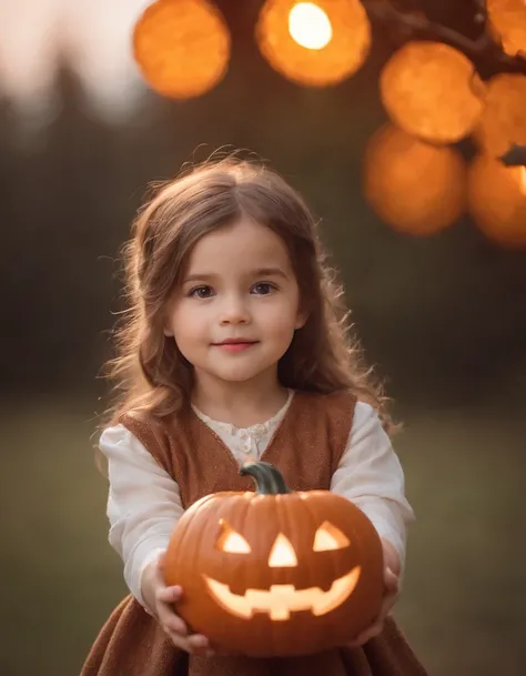 Little girl dressed in retro style with jack olantern behind her, background lights, bokeh style, half long shot, high quality photo,,(upper body)