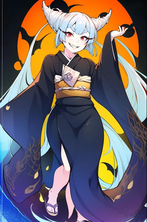 urara ayashimon, silver hair, horns hair, red eyes, loli, black kimono, sharpteeth, smug, smile, full body, flipflops,