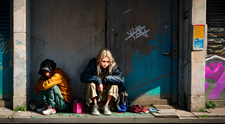 homeless，wanderers，squat on the side of the street，the walls are covered with graffiti，there is luggage next to it，（lots of peop...