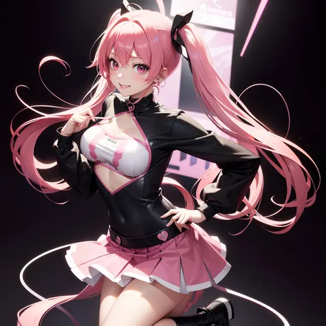 full body Esbian, masutepiece: 1.2, Highest Quality), (Live-action, elaborate details), (1 Lady, Solo, Upper body,) Clothing: Edgy, Black long jumper, pink miniskirt, long hair with pink twin tails,,、Avant-garde, Experimental appearance: Long pink twin tai...