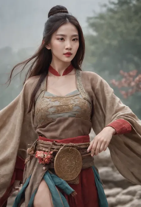 Feng Shen List，tmasterpiece，ultra fine photos，，best qualtiy，超高分辨率，Photoreality，Chiaroscuro，（full-body portraits），stunningly beautiful，dynamicposes，delicated face，Bigchest，Murderous eyes，（seen from the side），She wears ancient Chinese armor，very highly detai...