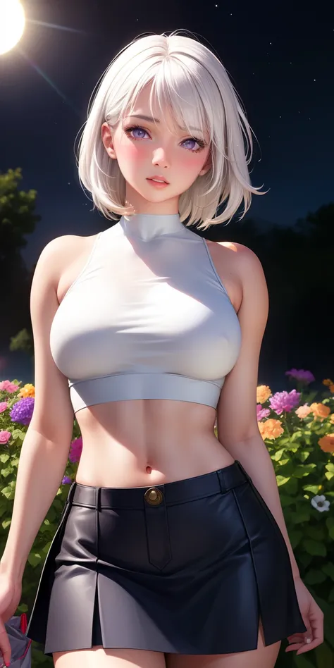 realistic, 1girl, white hair, purple eyes, glowing eyes, crop top, skirt, parted lips, blush, night, flowers, sun, sunlight,