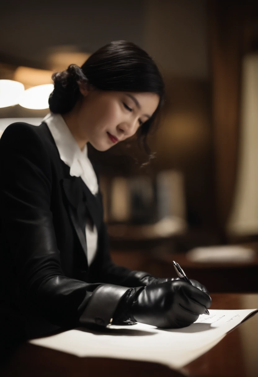 Wearing black leather gloves in both hands, upper body, black business suit, facing the desk in the modern study in the dark, looking down and smiling, writing a letter using a fountain pen, long straight black hair, young and very cute face Japanese femal...