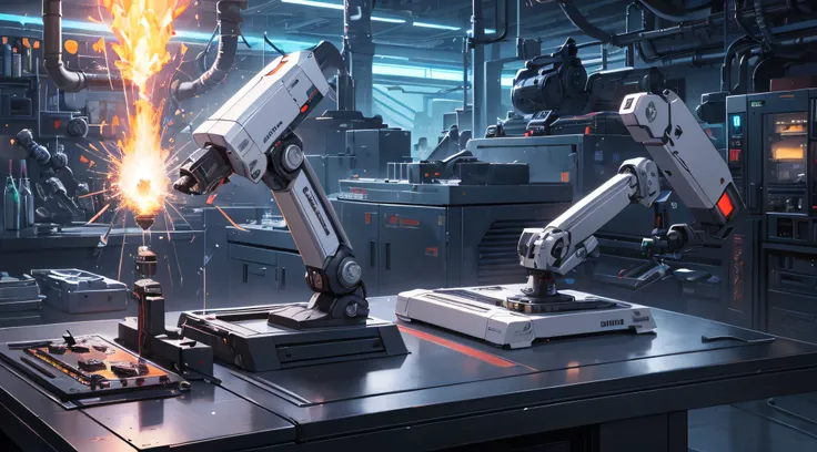 There are three robotic arms on the scientific mechanical workbench (background is or spark flying mechanical technology factory 1.5) (spark 1.8) masterpiece: 1.3) (futuristic technology 1.5) (science fiction 1.3) with unparalleled masterpiece, surreal 8K,...