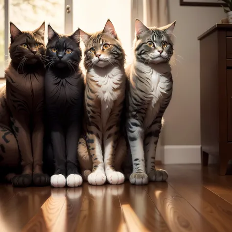 Maine coons cats line up waiting for owners to come back home. Realistic, very cute playful cat