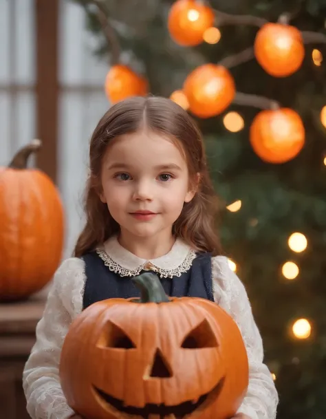 Little girl dressed in retro style with jack olantern behind her, background lights, bokeh style, half long shot, high quality photo,(close-up)