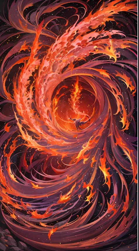 The flame came to life, Forms a majestic phoenix that temporarily soared before disappearing into a spark、fengxi，Flames swirling around spiral object on dark background, Surrounded by swirling flames, Vortex of flames, wallpaper of a phoenix, Vortex of fir...