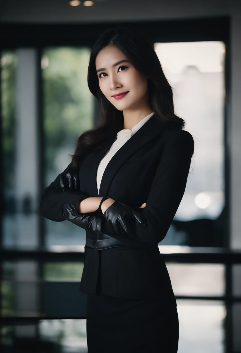 Wearing black leather gloves on both hands　The upper part of the body　Black Business Suit　Towards the desk in the study in the dark、Look down and smile、Write a letter with a fountain pen　long straight black hair　Japan female new employee with young and ver...