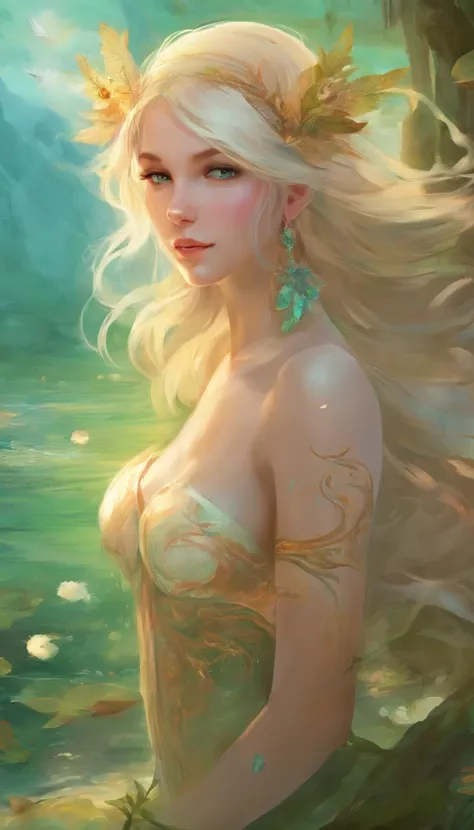 In an afternoon，A teenage girl in a green bikini swimsuit lies on a milky white shoal，She has long pale blonde hair，A pair of turquoise eyes，is very beautiful。Her skin was as white as snow，It appears translucent red in the afternoon sun。