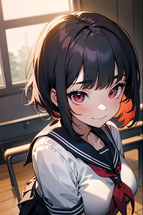 Colossal tits、detailed faces and eyes、 Inside the classroom、Evening glow、beauitful face、blurry backround、16-year-old beautiful girl、shinny skin、short-hair、Beautiful black hair、Blunt bangs、Red Eye、a sailor suit、Pleated miniskirt、Curve、evil smile