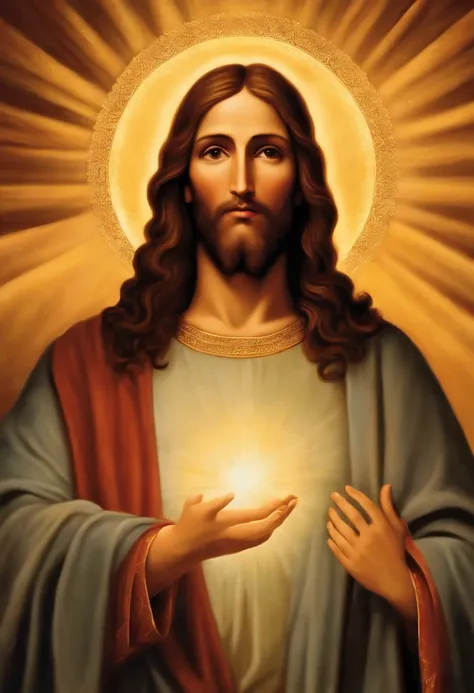 Descreva uma imagem de Jesus Cristo, emanating a divine aura and looking directly into the camera with a penetrating and compassionate gaze. The scene around him radiates a sense of serenity and transcendence, com cores suaves e uma atmosfera celestial. Hi...