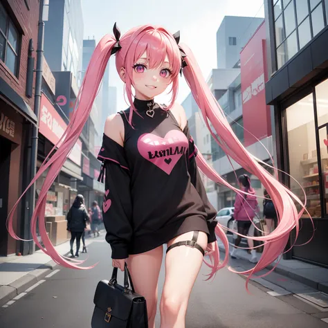 full body Esbian, masutepiece: 1.2, Highest Quality), (Live-action, elaborate details), (1 Lady, Solo, Upper body,) Clothing: Edgy, Black long jumper, pink miniskirt, long hair with pink twin tails,,、Avant-garde, Experimental appearance: Long pink twin tai...