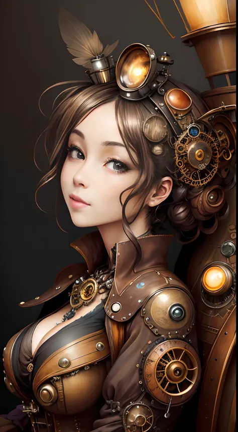 steampunkai,The big picture of the steampunk sidecar。Excessive detail。One girl is on board。Steampunk dresses。The background is a steampunk cityscape。