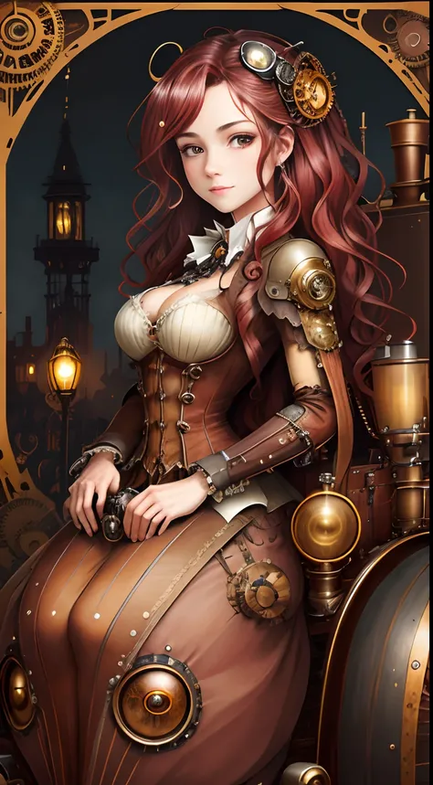 steampunkai,Steampunk sidecar。Excessive detail。One girl is riding。Very beautiful girl。Long wavy maroon hair。soft expression。Steampunk dresses。The background is a steampunk townscape。