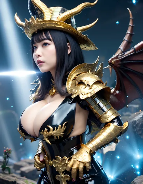 ((World of Darkness)),Professional , ​masterpiece、top-quality、photos realistic , depth of fields 、(((Fight dragons))),（Dragon Black Metal Body:1.9),(Latex Blue、（cleavage of the breast）,（Fight dragons）、、(((Particles of light))),（Micro Bikini Armor:1.7),Gorg...