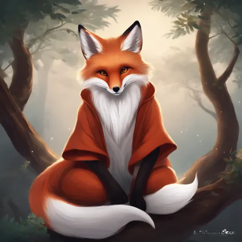 A fox with white hair sitting on a branch，ethereal fox，nine tail fox，Fox three-tailed fox，Onmyoji detailed art，Nine Tails，a beautiful artwork illustration，mythological creatures，red fox，Beautiful digital artwork，Exquisite digital illustration，mizutsune , I...