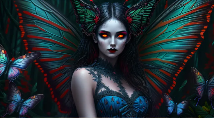 high details, best quality, 16k, RAW, [best detailed], masterpiece, best quality, (extremely detailed), full body, ultra wide shot, photorealistic, dark fantasy art, gothic art, a picture of an a dark vampiric fairy, exquisite beautifully fairy, ultra femi...