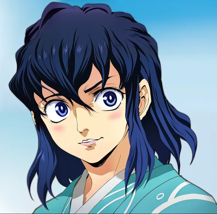 menina anime com cabelo preto e azul escuro longo e olhos verdes em um quimono azul, inspirado em okumura masanobu, foto de bree...