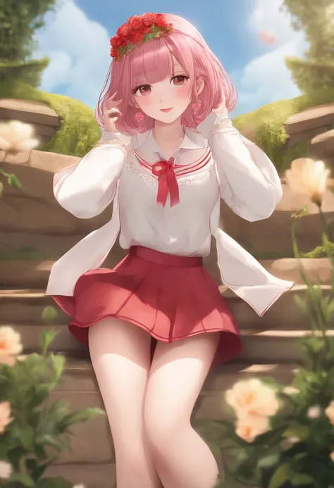 18 year old beautiful girl, masterpiece, best quality, 8K animation, detailed fingers, precise fingers, not unnatural hands, illustration, 1 girl, solo, pink bob cut, gold crown, flower hair ornament, sagging eyes, red mini skirt, YUI