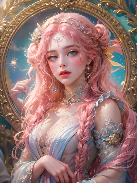 (absurdres, highres, ultra detailed, HDR), masterpiece, best quality, a mature heroine, detailed face, beautiful face with decorative detailed (single braided pink hair) (blue eyes), pink details , white touch and pink little outline,with pink magic mirror...